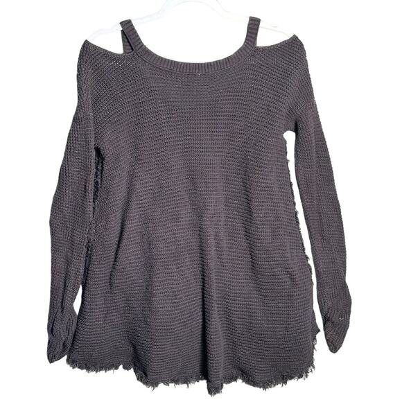 Free People Medium Moonshine Cold Shoulder Raw‎ Hem Swing Sweater Waffle Thermal - Picture 2 of 8